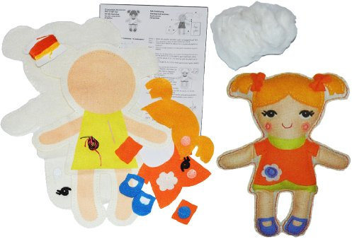 alles-meine.de GmbH Bastelset: Plüschtier - Filz Puppe mit orangen Kleid/Schmusepuppe zum Nähen per Hand Komplett Set filzen - Filzset zum Basteln Handarbeiten mit Zubehör Pupp