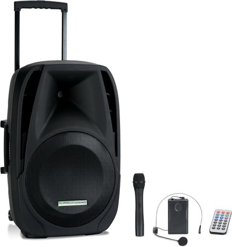 Pronomic PH15AW Cassa Attiva 15 100W RMS, 5h autonomia, Bluetooth, MP3/SD/USB, set mobile compatto con trolley, microfono wireless, headset e telecomando inclusi.