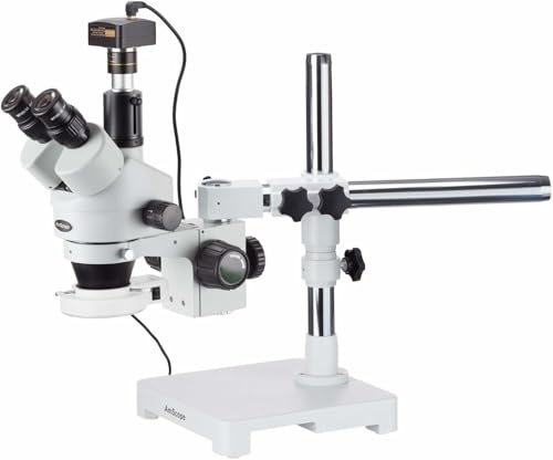AmScope SM-3TZ-54S-M Digital Professional Trinocular Stereo Zoom Microscope, WH10x Eyepieces, 3.5X-90X Magnification, 0.7X-4.5X Zoom Objective, 54-Bulb LED Light, Single-Arm Boom Stand, 110V-240V, Includes 0.5X and 2.0X Barlow Lenses and 1.3MP Camera with Reduction Lens and Software