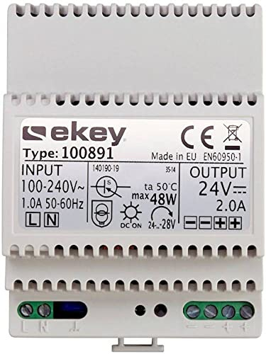 EKEY 100891 Nätaggregat för serieinstallation med 230 VAC/24 VDC/2 A, För energiförsörjning av ekey-åtkomstsystem för ditt hem, 48 W, 230 V, grå