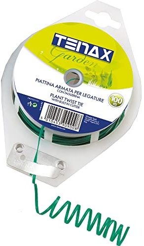 TENAX Piattina en PVC Longueur 100 m Couleur Vert, en Rouleau Distributeur avec Découpoir, Attache en Fil d'acier recouvert de PVC pour Lier Plantes et Fleurs, Fermeture de Sacs et Emballages