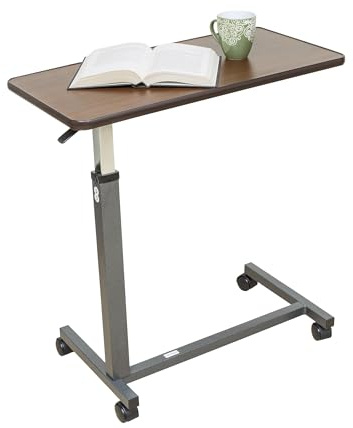 Essential Medical Supply Height Adjustable Automatic Overbed Table - Woodgrain Top with Locking Wheels, Perfect for Hospital and Home Use - Table for Easy Access and Convenience for Adults and Seniors