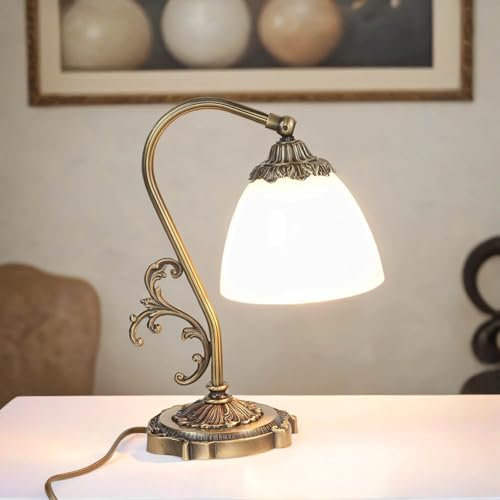 Licht-Erlebnisse Premium Tischleuchte Echt-Messing Glas in Bronze Weiß Wohnzimmer 30 cm E14 blendarm Jugendstil Nachttischlampe Schlafzimmer BEATRICE