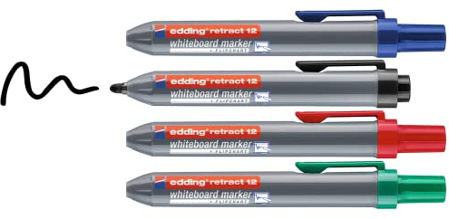 edding retract 12 marcador para pizarras blancas - negro,rojo,azul,verde-4 rotuladores - punta redonda 1,5-3 mm-sin tapa - para una sola mano-pizarras blancas/magnéticas, flipcharts, tablones de notas