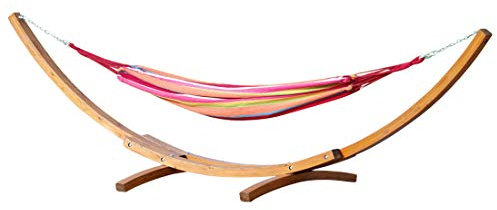 ALEOS. AS-S 410cm XXL Hängemattengestell Mona Hängematte mit Gestell aus Holz Lärche mit bunter Tuchhängematte