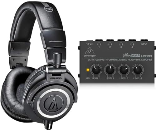 Audio-Technica M50x Cuffie Monitor Professionali Nero & Behringer MICROAMP HA400 Amplificatore per cuffie stereo compatto a 4 canali
