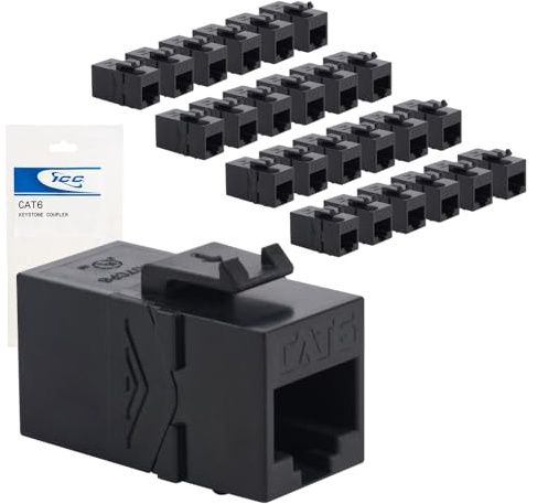 ICC CAT6 RJ45 Inline Keystone Couplers, 8P8C Female-to-Female Jacks, Feed-Through PCB Modules for Wall Plates & Patch Panels, UL Listed, Black, 25-Pack