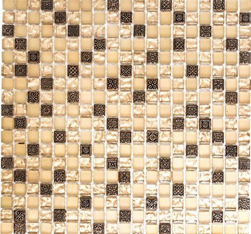 Glasmosaik kvadrat kristall/sten/hartsblandning beige/beige matt glas natursten ornament kakelspegel, mosaiksten format: 15 x 15 x 8 mm, bågstorlek: 322 x 305 mm, 10 ark
