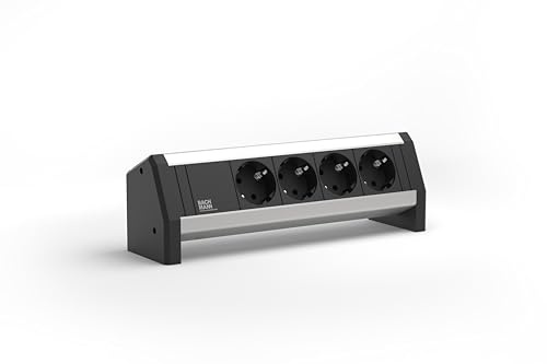 Bachmann Tischsteckdose Desk 4-Fach 3m Kabel Mehrfachsteckdose für Büro, Besprechungsraum und Wohnraum Aluminium 339.1000 (flexibel einsetzbar und mit Befestigung oder frei aufstellbar)