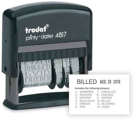Trodat Printy 4817 Economy Dial-A-Phrase, 12 Popular Office Messages, Month in Letters, Day and Year in Numbers, Rubber Date Stamp – Self Inking (Black)