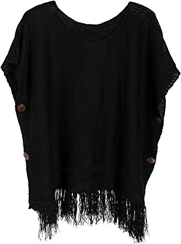 styleBREAKER Poncho de Punto con Mangas y Botones de Adorno en Brillo Elegante, Cuello Redondo, señora 08010017, Color:Negro