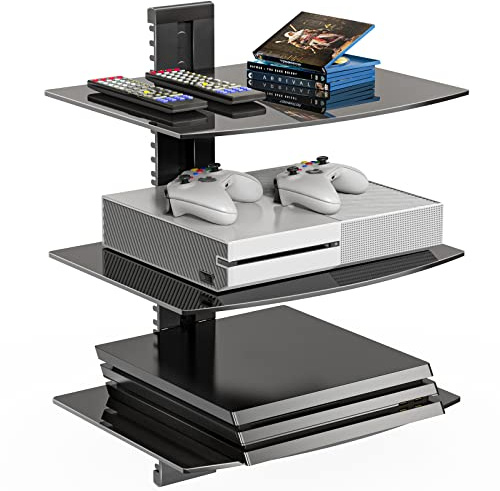 WALI Floating TV Shelf, 3 Tier Glass Projector Shelf for DVD Players, Routers, Game Consoles, Cable Boxes, Living Room Decor Accessories, Wall Mount Shelves Holds Up to 17.6lbs(CS303B), 3-Shelf, Black
