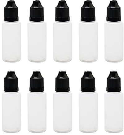 10 x svart plast tomma klämbara 20 ml droppflaskor ögonvätska ejuice tom droppare (flaska + spetslock + lock)