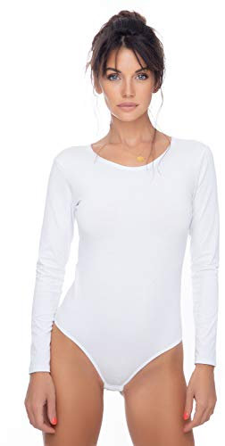 Evoni Damenbody | Overall Bodysuit mit Rundhals für Frauen | Langarm-Body in verschiedenen Farben | Optimale Alternative für Sport & Freizeit | Eleganter Jumpsuit(Large, Weiß)