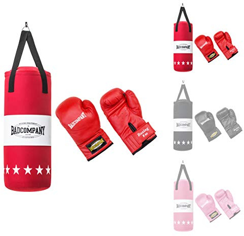Bad Company Boxset für Kinder und Jugendliche bis 12 Jahre Rot, Gefüllt Mit Aufhängung 55 x 25 cm und Boxhandschuhe 8oz I Boxsack Set Hängend