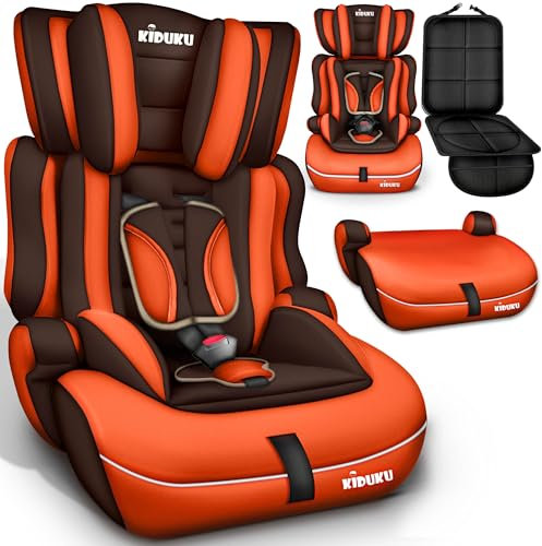 KIDUKU® Safety Car Seat | Booster Seat | 3 in 1 | for Childs and Babys from 9-36 kg (20 lbs - 80 lbs) or 1-12 Years | Convertible, Universal | Approved to ECE R44/04 | Group 1 + 2 + 3 | Brown/Orange