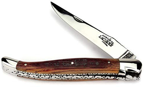 Forge De Laguiole Collection Couteau 12 cm - Manche en barrique de vin - Double Platine - Lame et mitres INOX Brillant