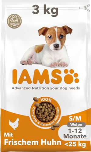 IAMS Junior Hundefutter trocken mit Huhn - Welpenfutter für Welpen im Alter von 1-12 Monaten, geeignet für kleine & mittelgroße Rassen, 3 kg