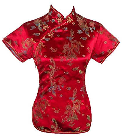 UK Seller Chinese Red Dragon & Phoenix Short Sleeve Top Shirt Blouse Despatch Same Working Day as Order Before 2pm (UK 16)