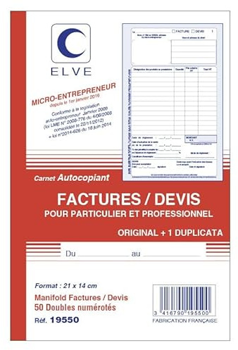 ELVE Lot de 5 Manifolds Auto Micro-Entrepreneur Facture/Devis 21 x 14 cm Vertical 50 dupli