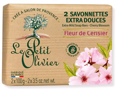 LE PETIT OLIVIER - 2 Savonnettes Extra Douces - Fleur De Cerisier - Parfum De La Région De Grasse - Nettoient La Peau En Douceur - Fabriqué en France - 2x100g