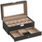 SONGMICS Uhrenbox mit 2 Ebenen, Uhrenkasten, 12 Fächer und 1 Schublade, Glasdeckel, Uhrenkoffer, für Ringe, Armbänder, Samtfutter in Beige, Pu-Bezug in Schwarz JWB012