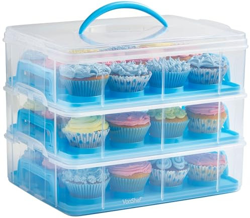 VonShef Cupcake Carrier with Handle, Blue Three Tier Stackable Cup Cake Box, 36 Muffin Cake Carrier with Airtight Snap Lid, Clear Plastic Baked Goods Container