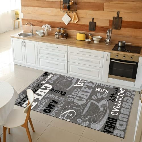 VIMODA Küchenteppich Grau Trendiger Kaffee Teppich, Verschiedene Schriftarten und Muster Kaffee, Maße:200x280 cm