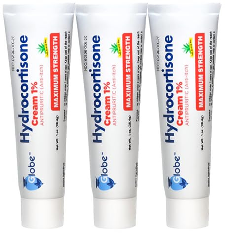 (3 Pack) Globe Hydrocortisone Maximum Strength Cream 1% w/Aloe, Anti-Itch Cream for Redness, Swelling, Itching, Rash, Bug/Mosquito Bites, Eczema, Hemorrhoids & More