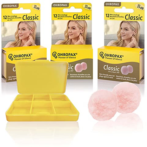 Ohropax Reusable Cotton/Wax Ear Plugs - Ear Plug for Noise Reduction, Studying, & Snoring, Hearing Protection, For Sensitive Ears, Personalized Fit w/ Convenient Yellow Pocket Sized Case, 36 Plugs
