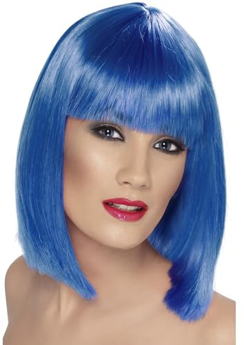 Smiffys Peluca glamurosa, azul, corta, despuntada con flequillo Halloween, Carnaval