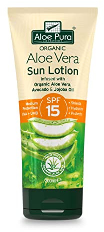 Aloe Pura Sun Cream Lotion SPF 15, Soothing Aloe Vera, Medium Protection UVA & UVB, Hyrdate and Protect, Natural, 200ml