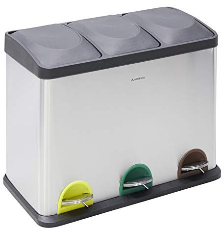 ARREGUI Step Bin CR705-45L Mülltrennsystem aus Edelstahl | 3 Fächer Mülleimer für die Küche | 3 Fach Abfalleimer | 3 x 15 L (45 L) | 3 Herausnehmbare Eimer mit Griff | Recycling Schrank | Mülltrennung