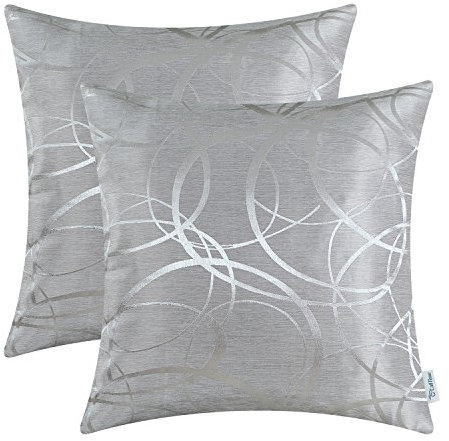 CaliTime Kissenbezüge Kissenhülle Packung mit 2 Schalen für Couch Sofa Heimdekoration modern glänzend und matt Kontrast Kreise Ringe geometrisch 50cm x 50cm Silbergrau