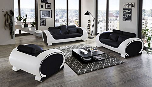SAM ® Vigo design 3 pièces noir/noir/blanc, canapé 3 places 2 places, 230 x 152 cm et fauteuils 108 cm, porte-gobelet, appui-tête réglable, rembourrage agréable, monté à la livraison par transporteur spécialisé
