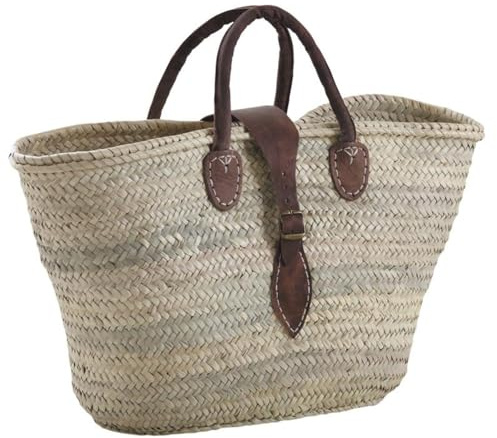 AUBRY GASPARD - Panier Cabas avec Poignées et Fermeture Cuir - Palmier Naturel - Longueur 60 cm - Fabrication Artisanale - Détails Cuir Marron - Polyvalent Plage ou Courses - Poids 0,57 kg