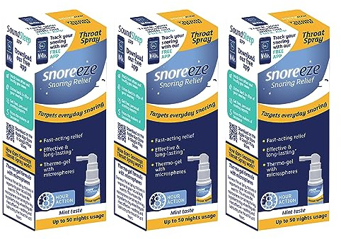 Snoreeze Anti-Snoring Throat Spray - Effective Snoring Aids for Men & Women - Fast Acting Lubricating Thermo Gel - Snore Stopper to Use with Mobile App - Triple Pack -23,5ml Each - 150 Nights Use