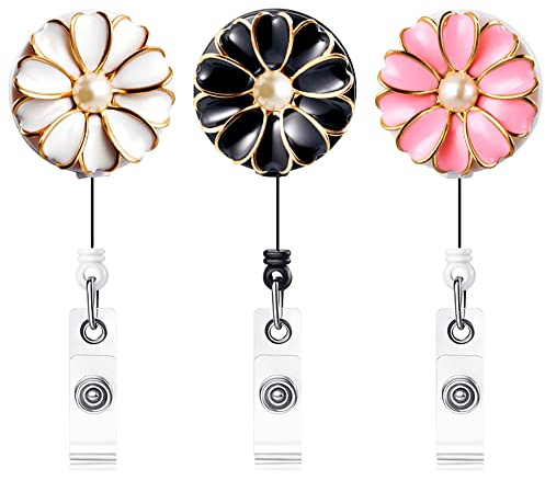 Qinsuee Retractable Badge Holder with Alligator Clip, 24 inch Retractable Cord, ID Badge Reel with Pearl, 3 Pack (Multiple)