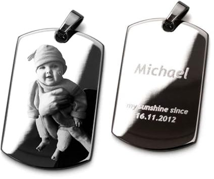 Diamandi Dog-Tag Kette mit Foto-Gravur I Ihr Bild + Text gravieren I Personalisierter Ketten-Anhänger mit Kugelkette in Silber