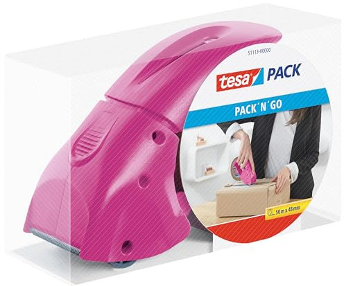 tesa Dérouleur Manuel Pack'n'go Ergonomique pour rouleaux d'emballage - Livré avec un ruban adhésif de 50 m x 48 mm - Pink