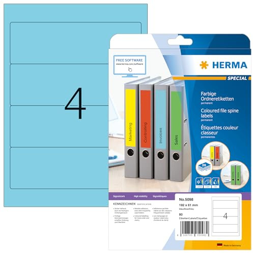 HERMA 5098 mappetiketter A4 kort/bred (192 x 61 mm, 20 ark, papper, matt) självhäftande, utskrivbara, permanenta mappa ryggetiketter, 80 filetiketter, blå