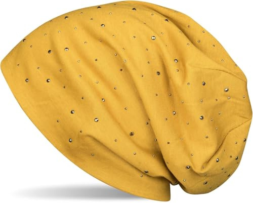 styleBREAKER Damen Beanie Mütze mit edler Strass-Nieten Applikation, Longbeanie Slouch 04024037, Curry