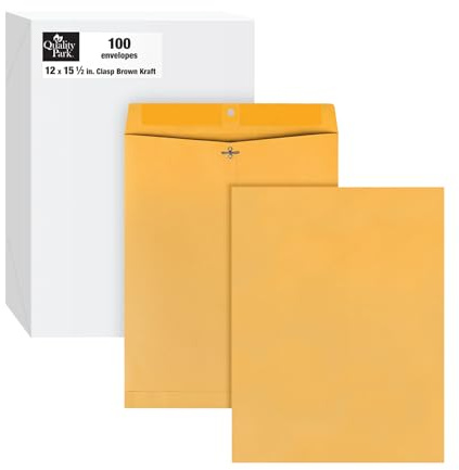 Quality Park 12 x 15-1/2 Clasp Envelopes, Clasp and Gummed Closures, for Oversized Papers, Drawings or Posters, 32 lb Kraft Paper, 100/Box (QUA37810)