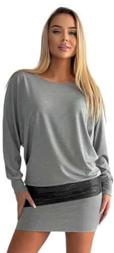 Mississhop 95-31 Damen Minikleid festlich Glitzer Kleid Pulli Tunika Grau L