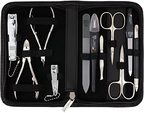 DREI SCHWERTER - Germany 11-tlg. 'Spezia' | Maniküreset Nagel Set Etui in Echt Leder schwarz | Inhalt: Hautschere, Nagelschere, Nagelzange, Nagelknipser, Hautzange, Pinzette, Glasnagelfeile uvm