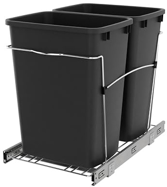 Rev-A-Shelf RV-18KD-18C S Double Pullout Trash Can for Kitchen Cabinets 35 Qt Garbage Recycling Bin on Full Extension Slides, Black