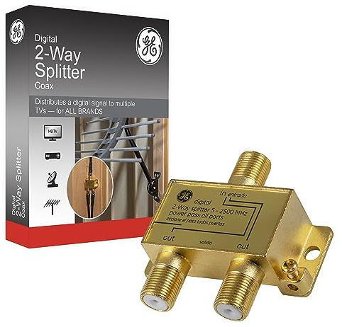 GE Digital 2-Way Coaxial Cable Splitter, 2.5 GHz 5-2500 MHz, RG6 Compatible, Works with HD TV, Satellite, High Speed Internet, Amplifier, Antenna, Gold Plated Connectors, Corrosion Resistant, 33526