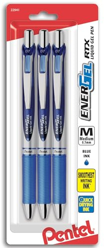 Pentel EnerGel Deluxe RTX Gel Ink Pens, 0.7 Millimeter Metal Tip, Blue Ink, 3-Pack (BL77BP3C)