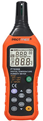 Protmex PT6508 Temperature Humidity Meter, Digital Thermometer Hygrometer Monitor with Ambient, Dew Point, Wet Bulb for Indoor/Outdoor MIN, MAX, Data Hold, LCD Backlight