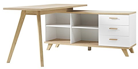 Germania 4058-221 Schreibtisch mit integriertem Sideboard im skandinavischen Design GW-Oslo in Weiß/Absetzungen Sanremo-Eiche-Nachbildung, 144 x 75 x 145 cm (BxHxT)